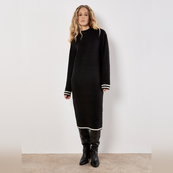 Stripped Cuff And Hem Chunky Midi Sweater Dress - Picture 2 of 6